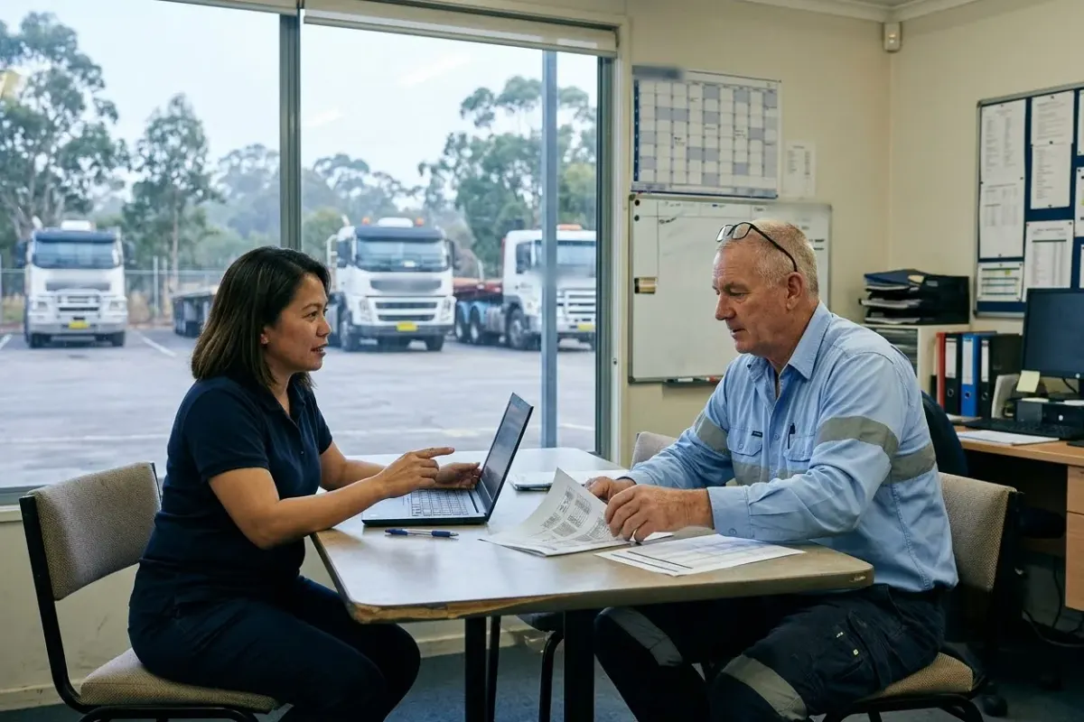 A safety manager and a depot operations manager talking across a table with a laptop and printed pages in a freight depot office, prime movers parked in the yard outside the window