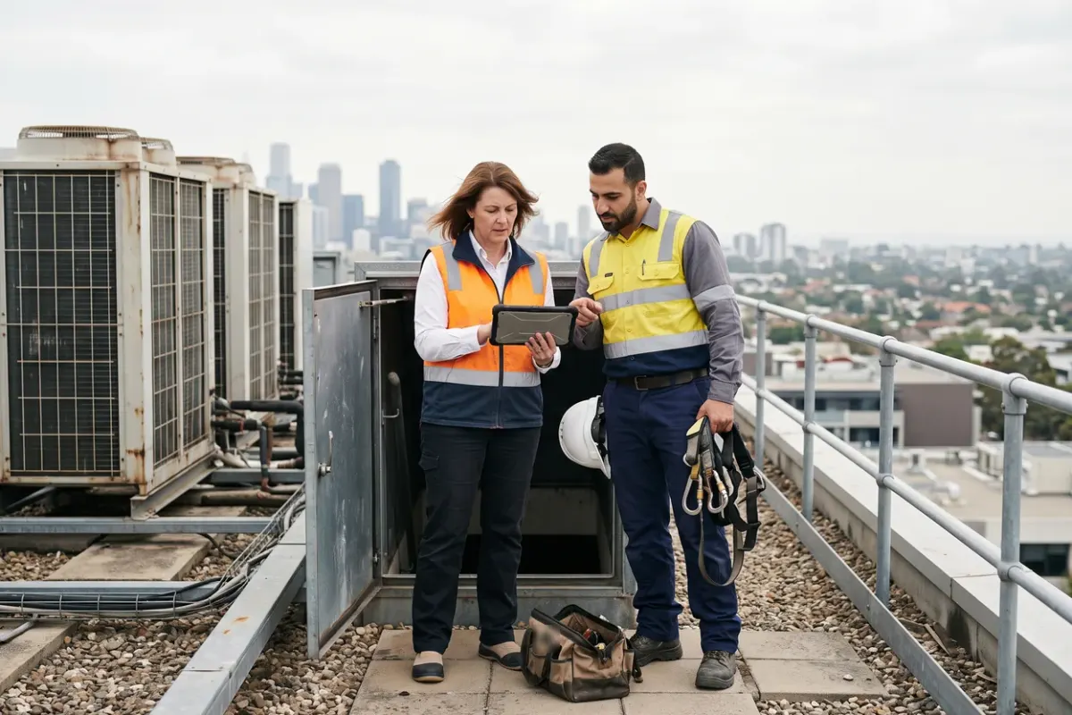A facilities manager and a refrigeration mechanic holding a fall-arrest harness reading a document on a tablet beside rooftop air-conditioning units and a guardrail, with a city skyline behind
