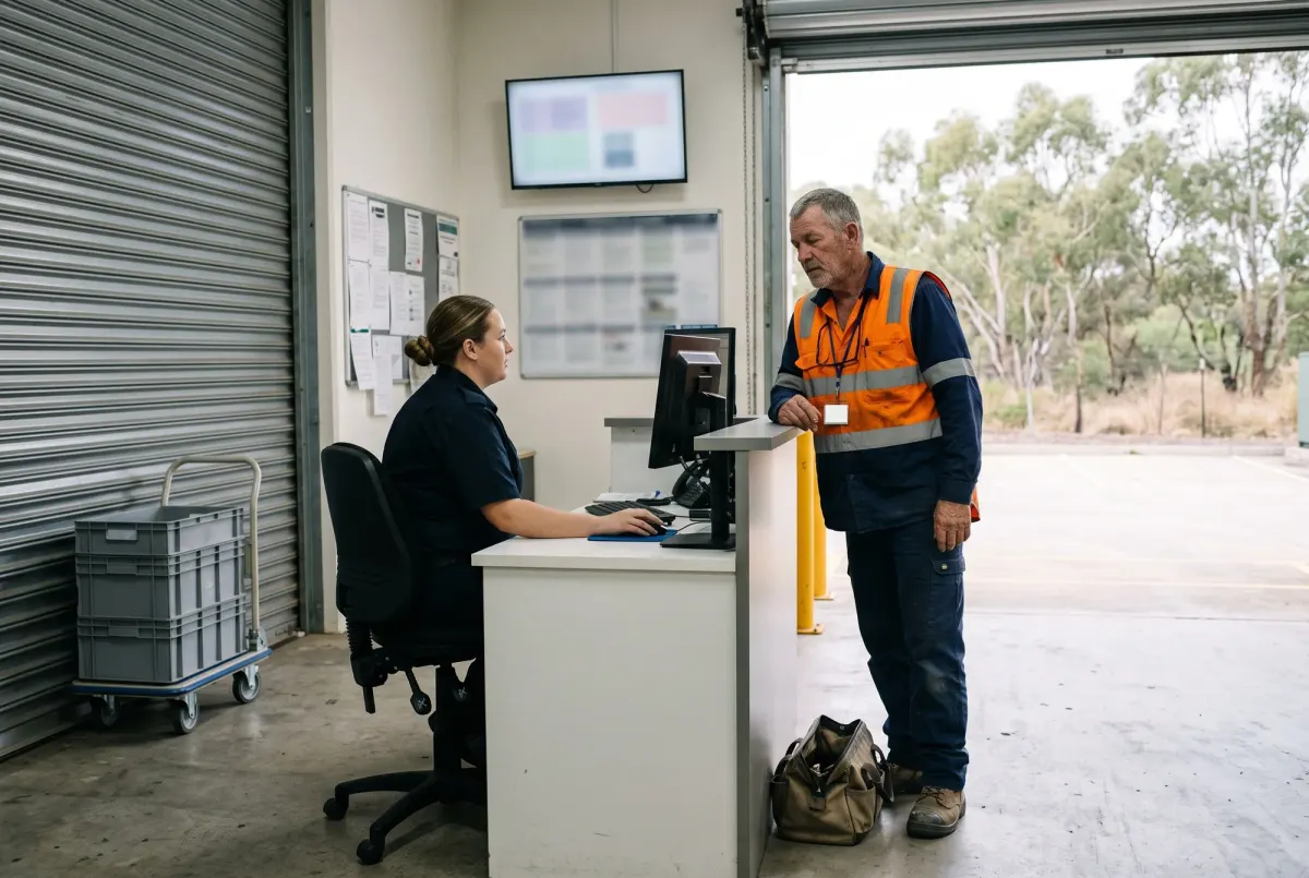A security officer at a commercial tower service entrance checking a contractor's credentials on a screen while a technician with a tool bag waits at the desk