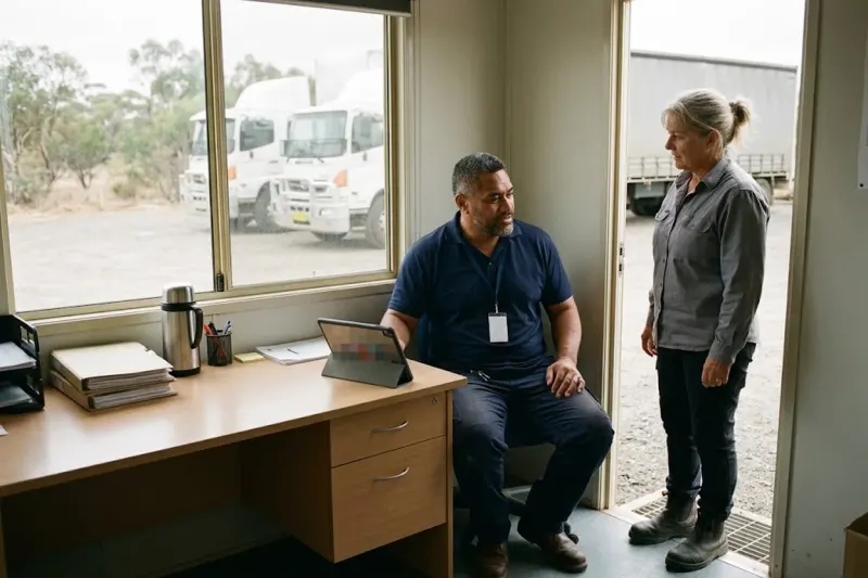 A transport depot operations coordinator at his desk in a site office, checking a tablet while a supervisor waits at the open door and trucks sit in the yard beyond the window
