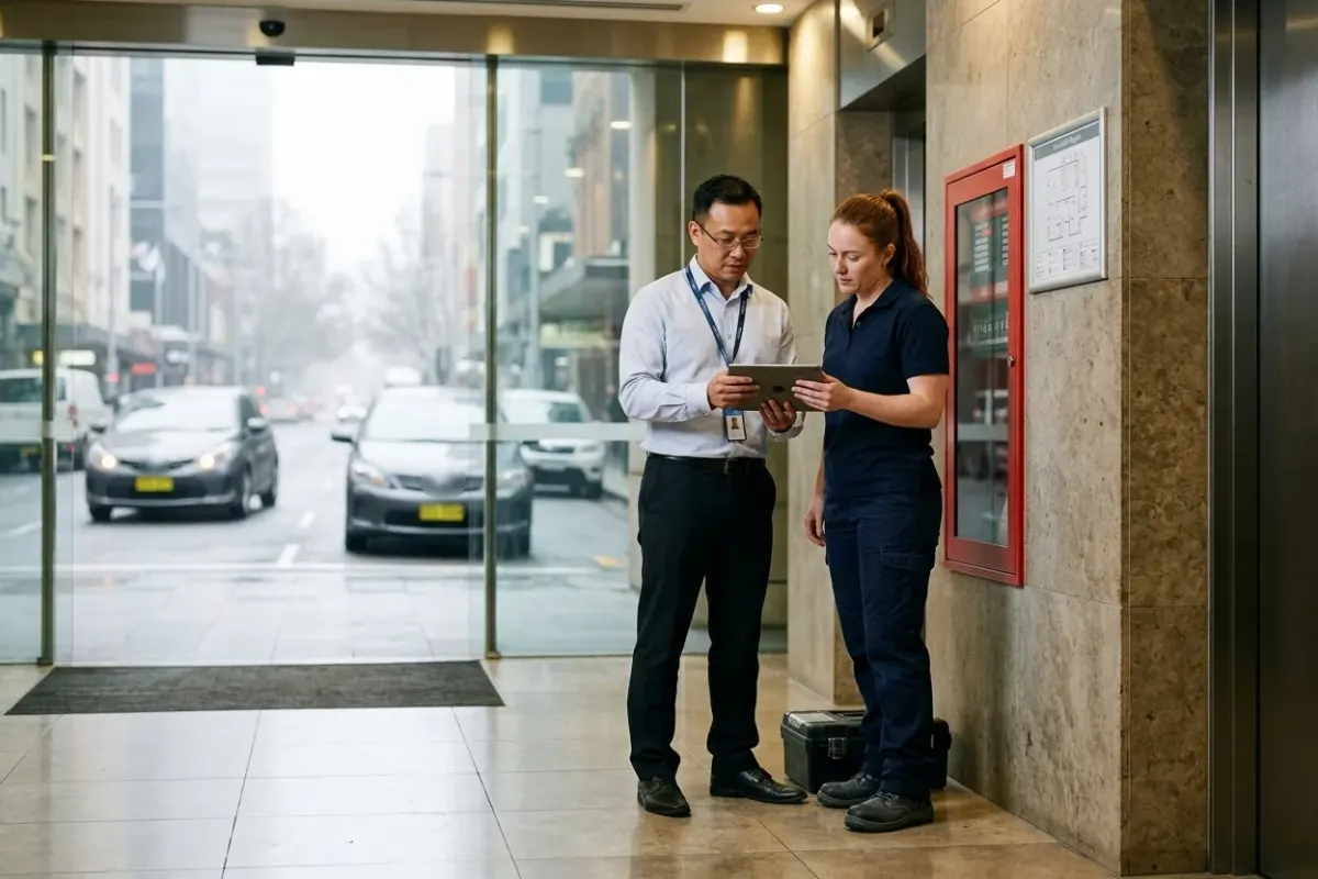 A building manager and a fire services technician check a fire panel record on a tablet in the lobby of a city office tower