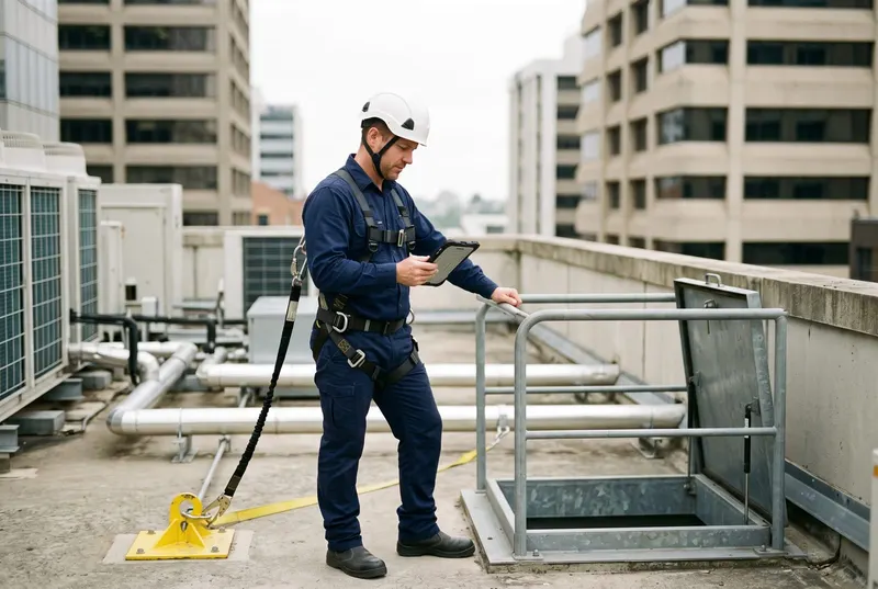 A maintenance technician in navy workwear, a white helmet, and a harness clipped to a yellow roof anchor, checking a tablet beside an open roof hatch on an office building