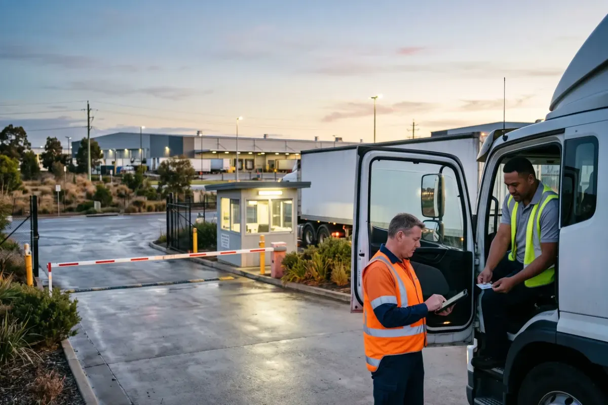 A gatehouse officer checks a truck driver's licence on a tablet at a distribution centre boom gate in the early morning