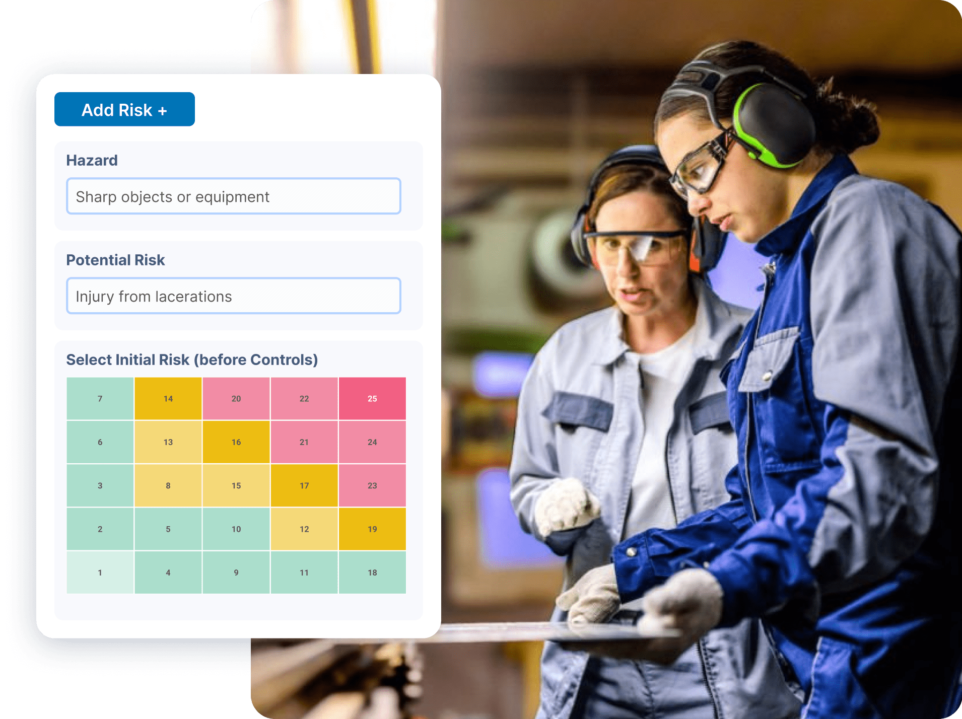 Two workers in safety glasses using risk assessment matrix on tablet in warehouse