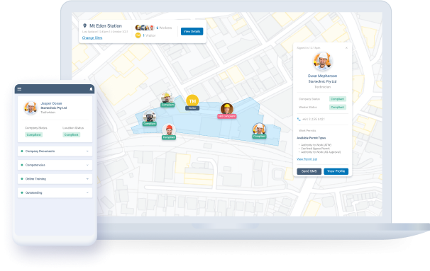 map view of worker icons displaying their compliance and profile details