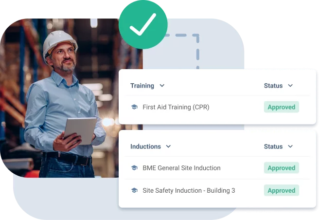 worker with stats on compliance and safety floating around them