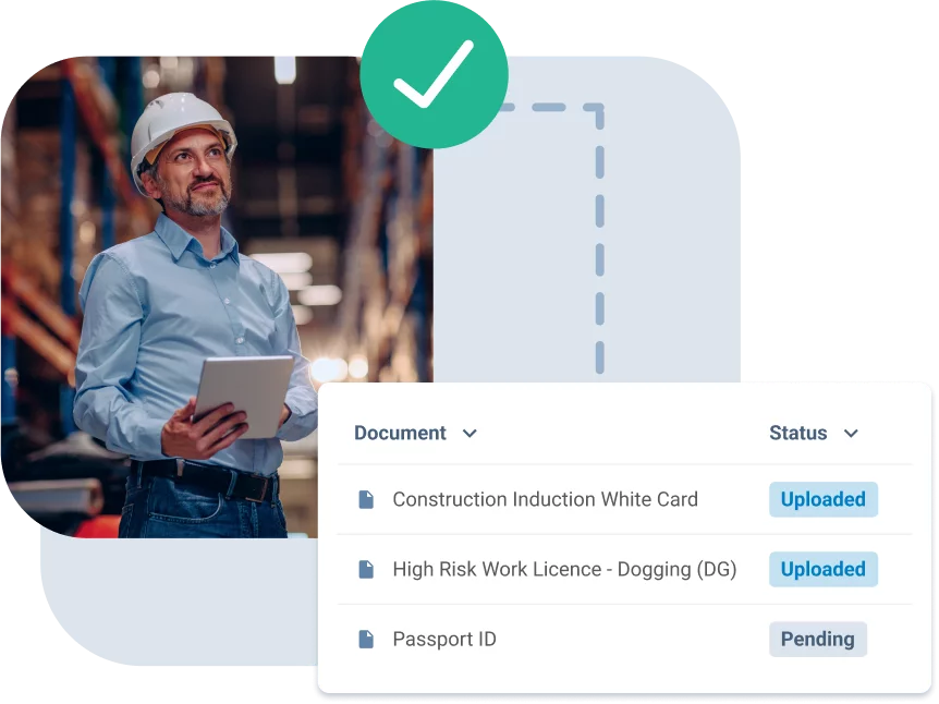 worker standing next to his dashboard of requirements to upload