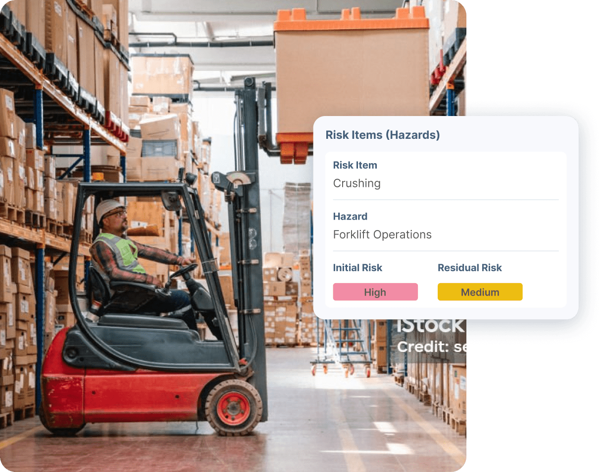 Forklift operator in warehouse with risk management interface showing hazard details