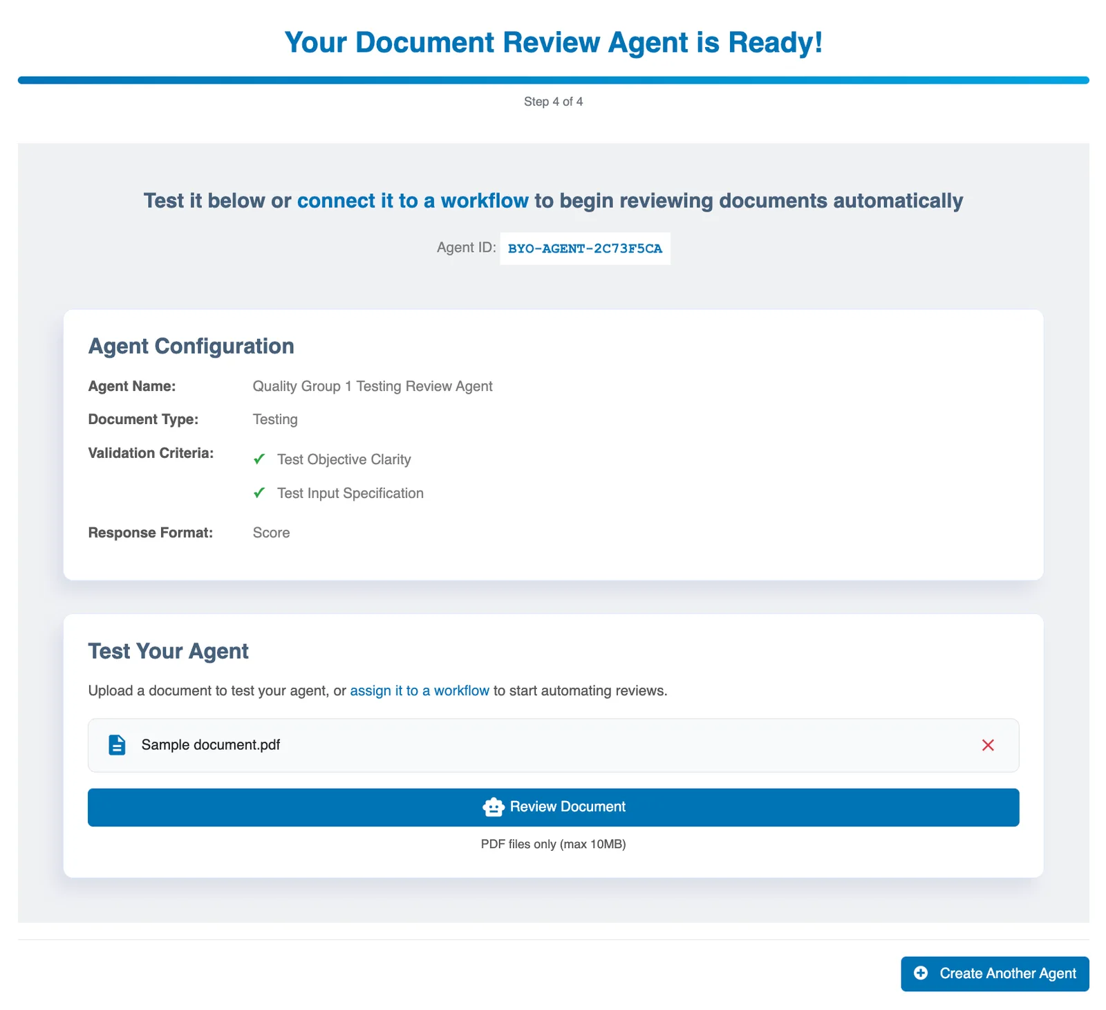 Testing a custom AI reviewer against a sample document before switching it on