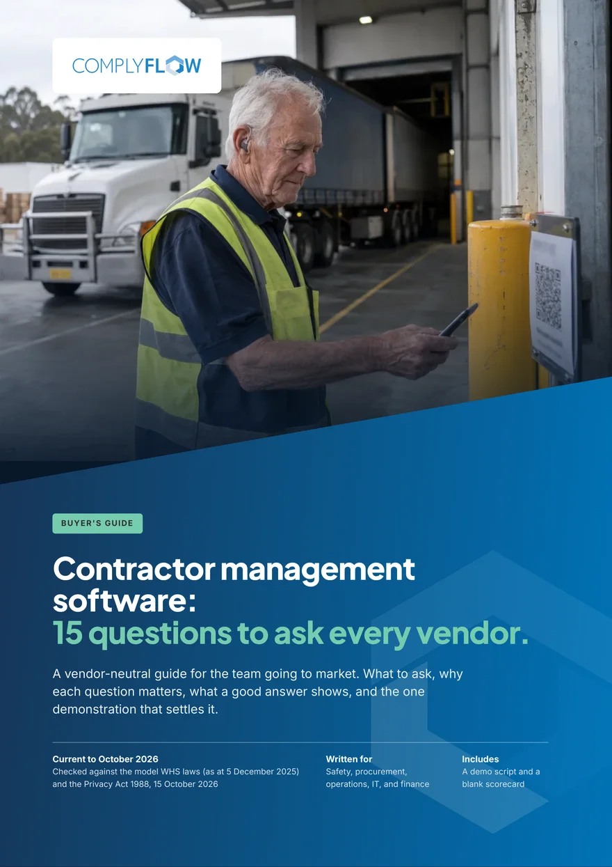 The cover of the ComplyFlow contractor management software buyer's guide: a worker in hi-vis scans a QR code at a loading dock beside a truck, over the title in white and green
