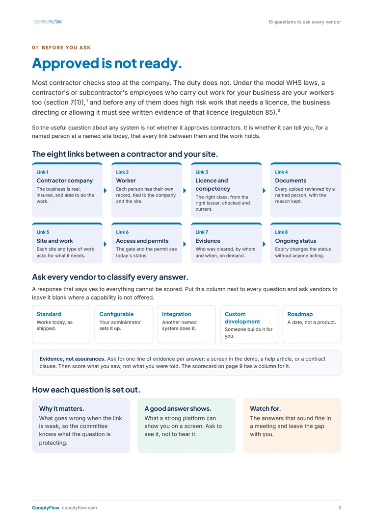 Page 3 of the guide: approved is not ready, the eight links between a contractor and your site, and the five capability classes