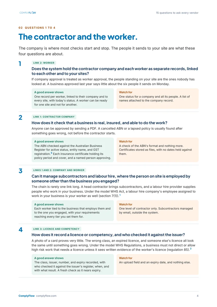 Page 4 of the guide: questions 1 to 4, each with why it matters, what a good answer shows, and what to watch for