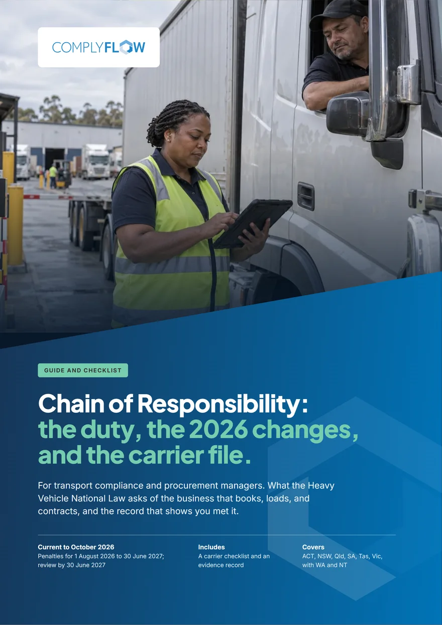 The cover of the ComplyFlow Chain of Responsibility eBook: a dock officer in hi-vis checks a tablet beside a truck, its driver in the cab, over the title in white and green