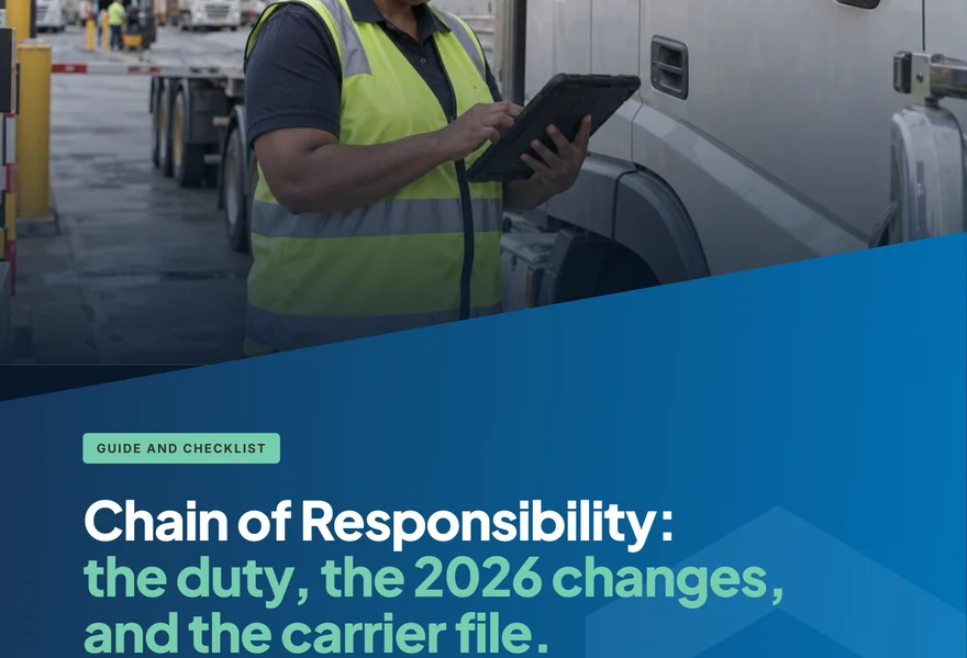 Part of the front cover of the Chain of Responsibility eBook: its title over the ComplyFlow blue