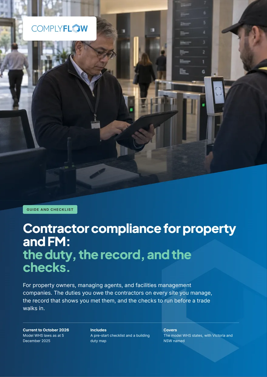 The cover of the ComplyFlow contractor compliance eBook for property and FM: a building manager checks a tablet at a lobby desk as a contractor waits, over the title in white and green