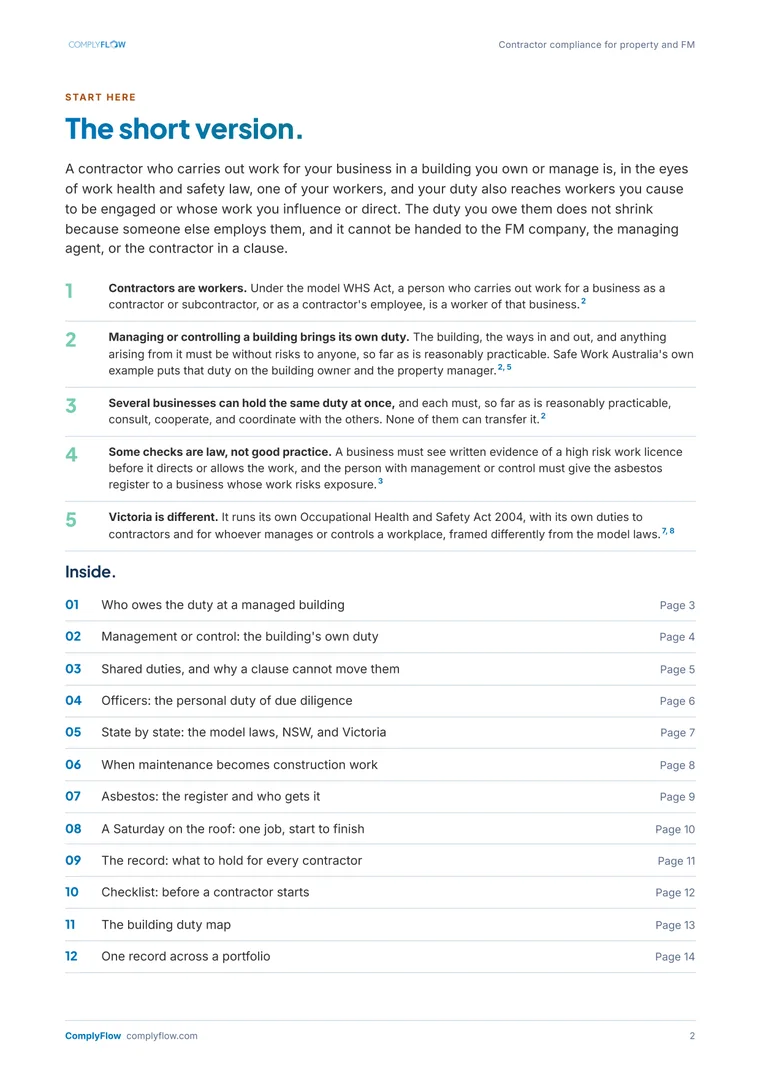 Page 2 of the guide: the short version in five numbered points, and the list of chapters