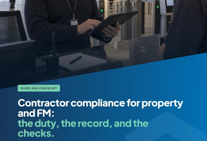 Part of the front cover of the contractor compliance eBook for property and FM: its title over the ComplyFlow blue