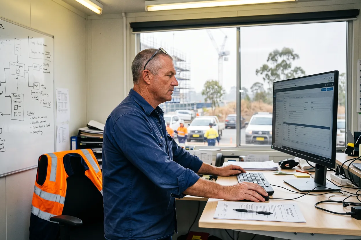 A safety manager at a standing desk in a site office building a review agent on a large monitor, a printed method statement beside the keyboard
