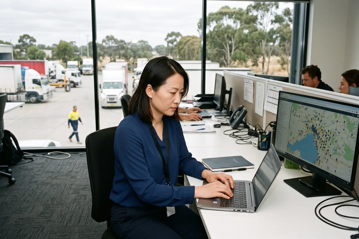 A safety manager in a quiet open-plan office typing a question into an AI assistant on a laptop, a second monitor beside it showing a site map