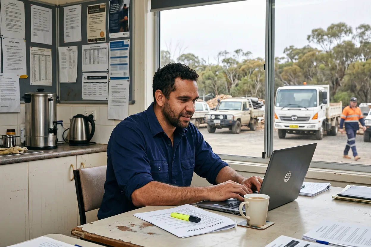 A training coordinator in a bright regional depot lunchroom building an induction course on a laptop, a printed site rules document open beside it