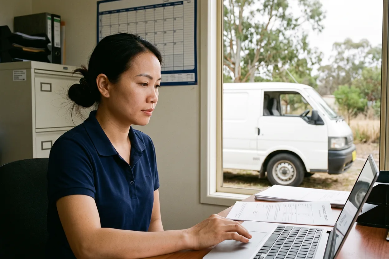 A contractor administrator at a desk in a suburban plumbing company’s office uploading an insurance certificate from a laptop, a filing cabinet and a wall planner behind her