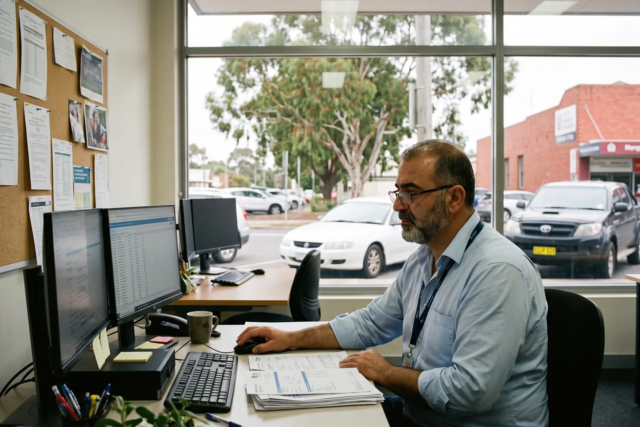 A procurement officer in a council office reviewing a supplier’s prequalification on two monitors, a stack of insurance certificates at his elbow