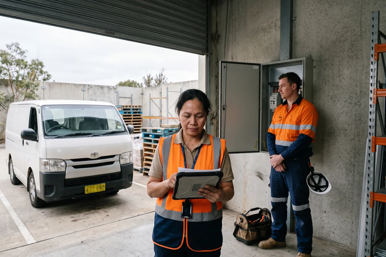 A facilities manager in a shopping centre loading dock reading a method statement on a tablet, an electrician in clean hi-vis waiting beside a switchboard
