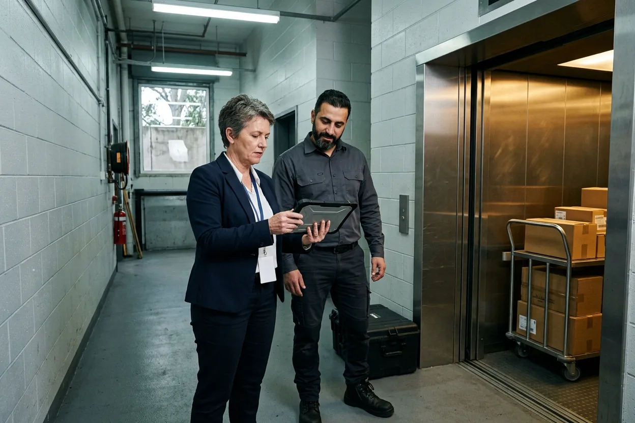 A facilities manager checks a lift technician’s record on a tablet in the service corridor of an office tower