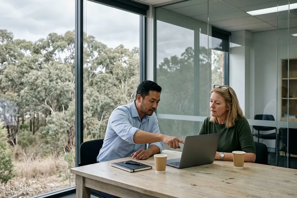 A procurement manager and a safety manager weigh up a contractor system on a laptop in a meeting room