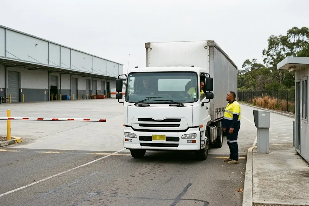 A gatehouse officer talks to a truck crew at the boom gate of a distribution centre in western Sydney