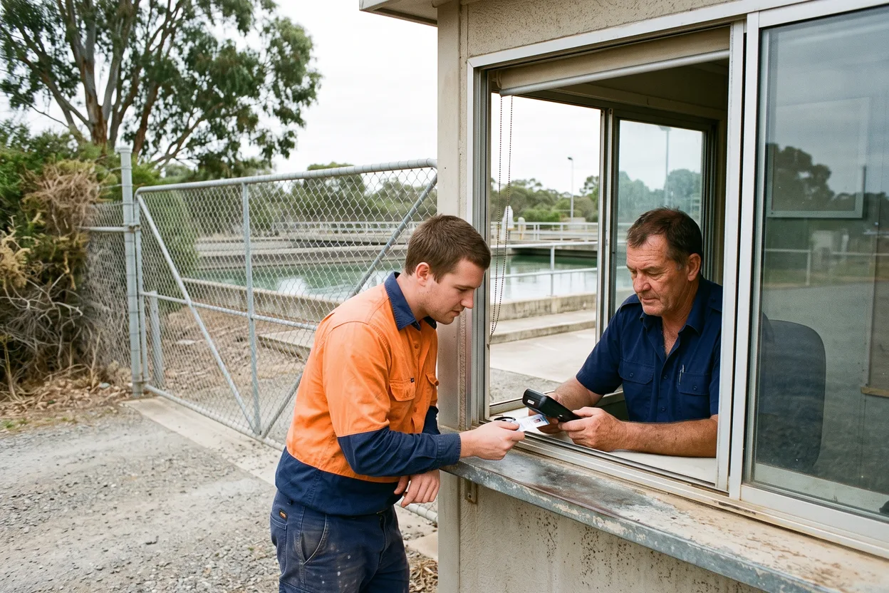A security officer in a gatehouse booth checks a worker pass on a handheld scanner at the entry of a wastewater treatment plant