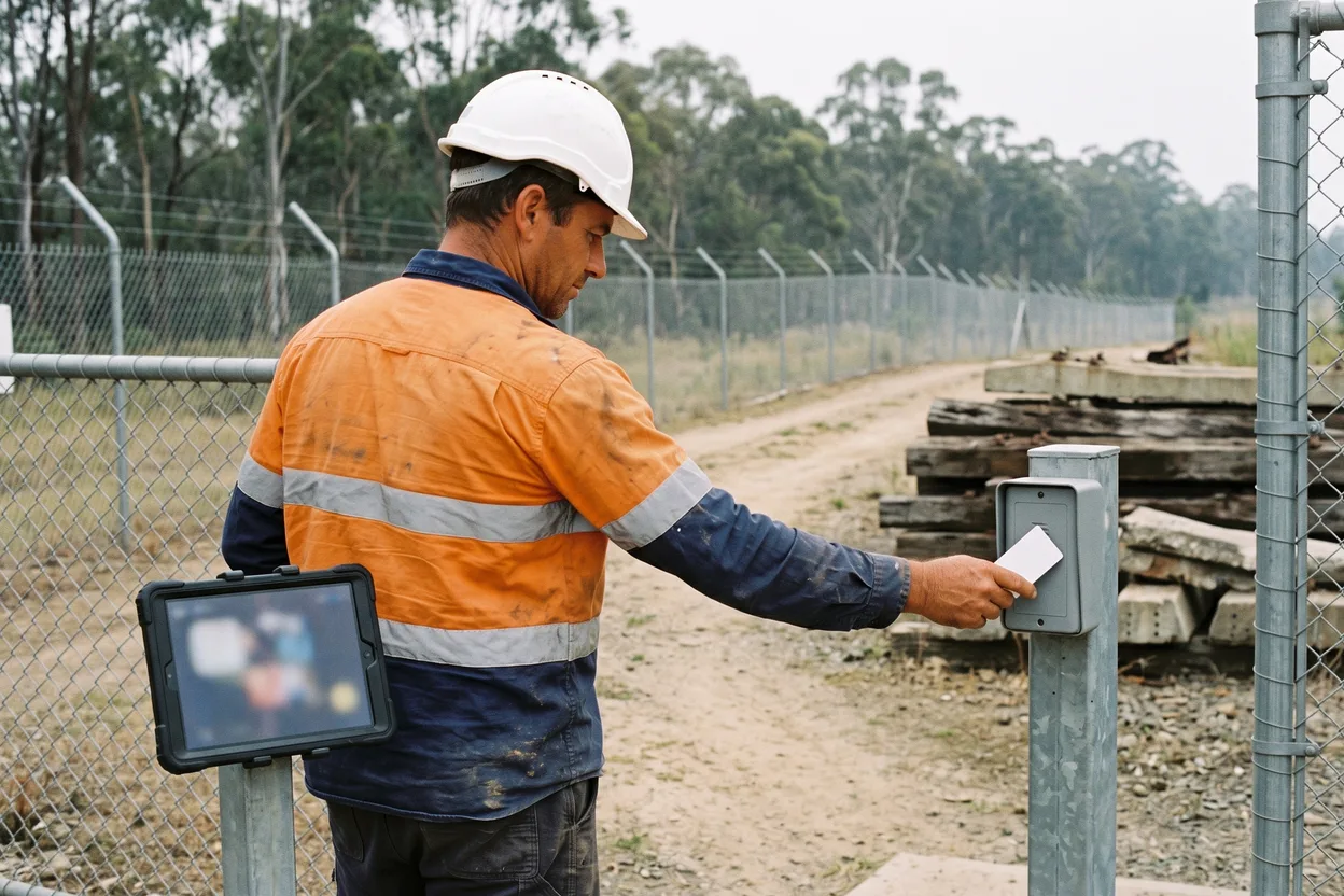 A worker in hi-vis taps a card on a reader at a pedestrian gate beside a rail corridor fence, a tablet on a post