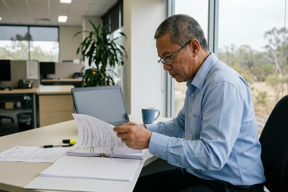 A safety assessor at his desk reading through a contractor’s safety management system file in a ring binder, a laptop open beside him