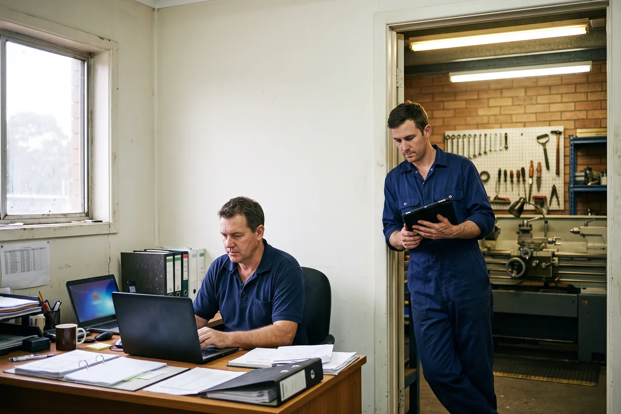 A maintenance planner raises a job on a laptop in a workshop office while a technician in navy coveralls leans in the doorway with a tablet