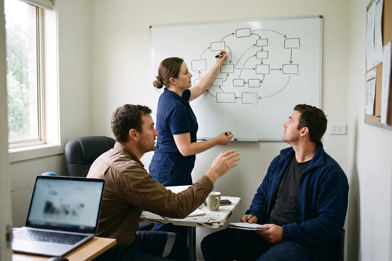 Three colleagues around a whiteboard sketching a workflow of boxes and arrows in a small meeting room
