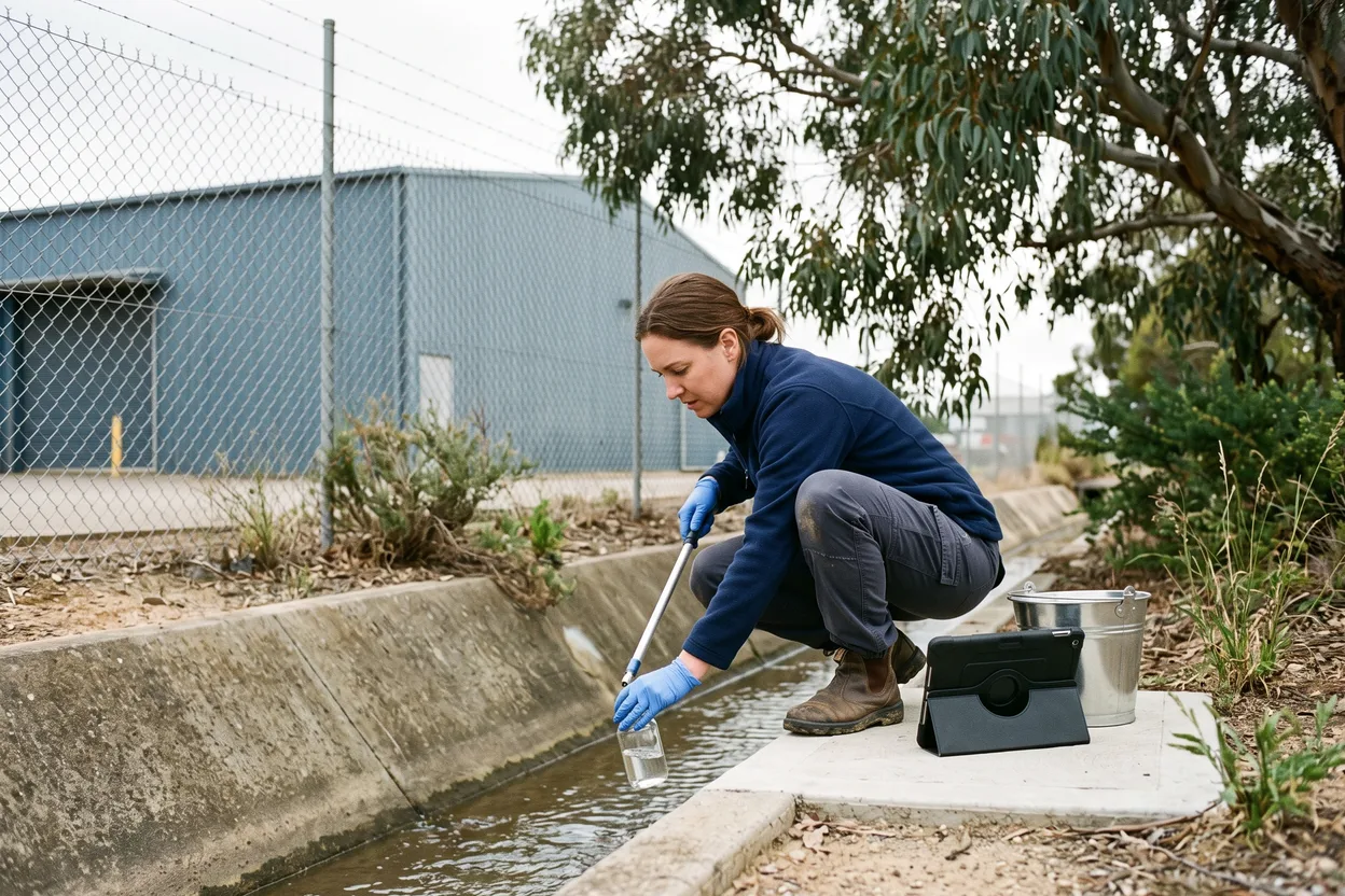 An environmental officer crouches at a stormwater drain beside an industrial yard and fills a sample bottle, a tablet on the ledge beside her