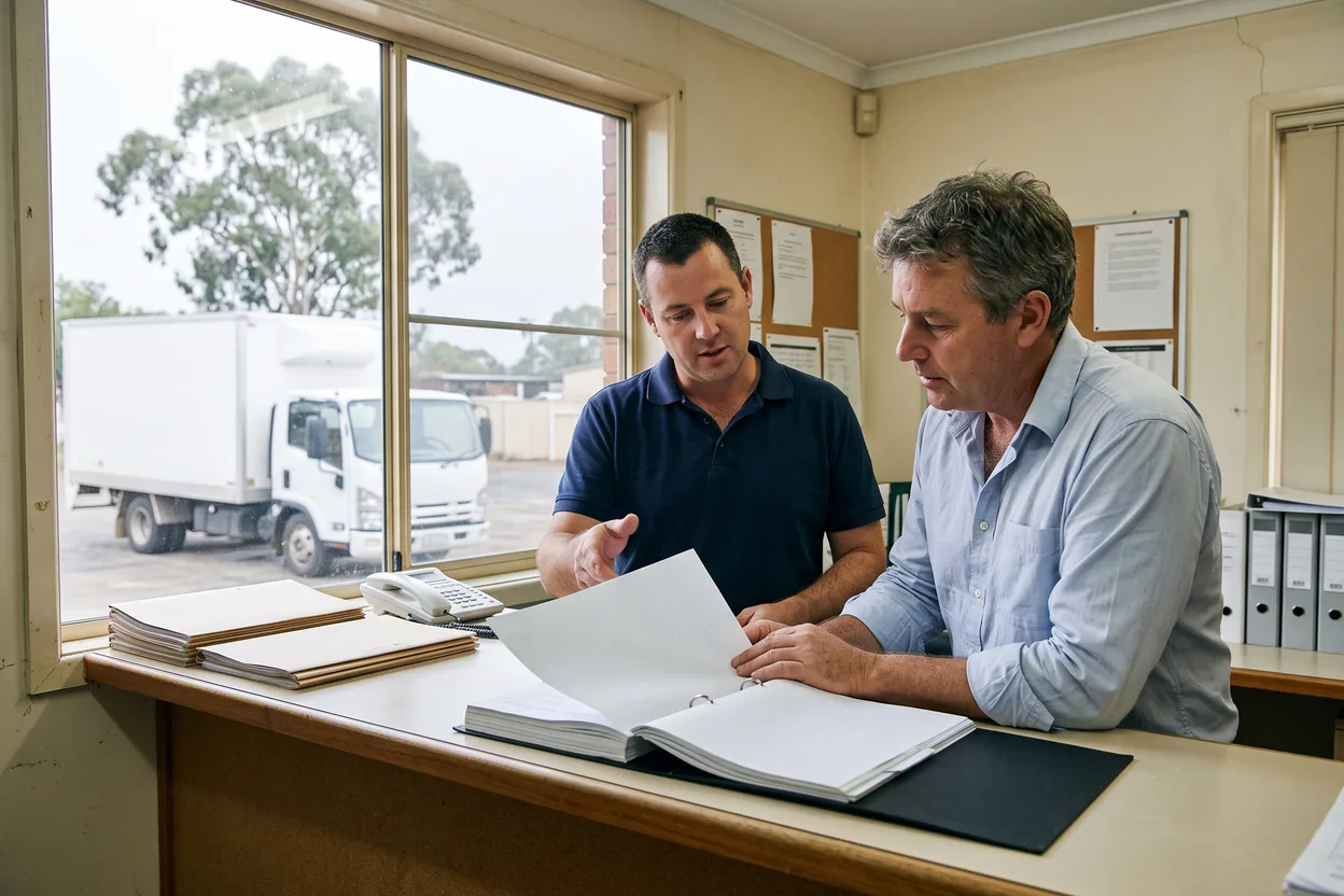 A compliance officer and a depot manager go through a bound audit folder at a counter in a council depot office