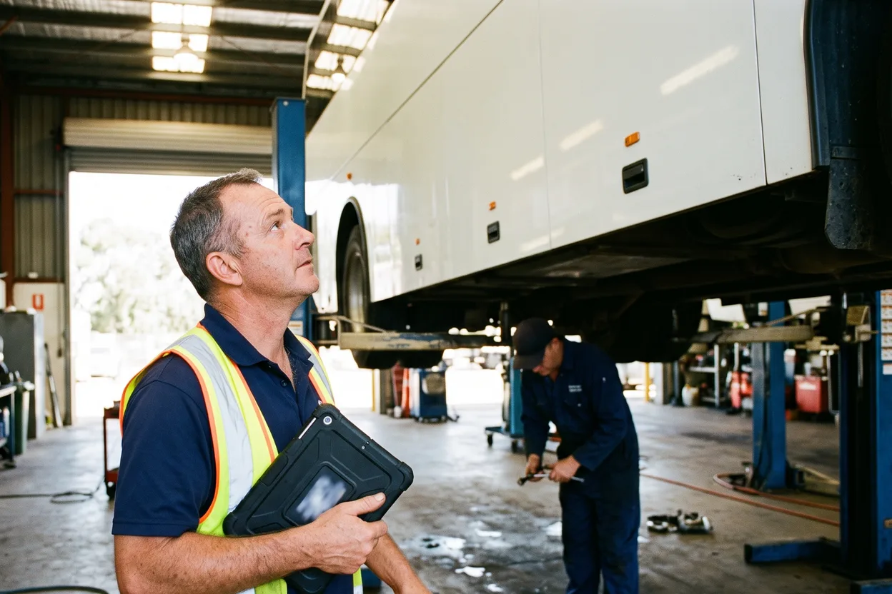 A depot supervisor looks up at the underside of a coach on a hoist in a fleet workshop, a tablet under his arm