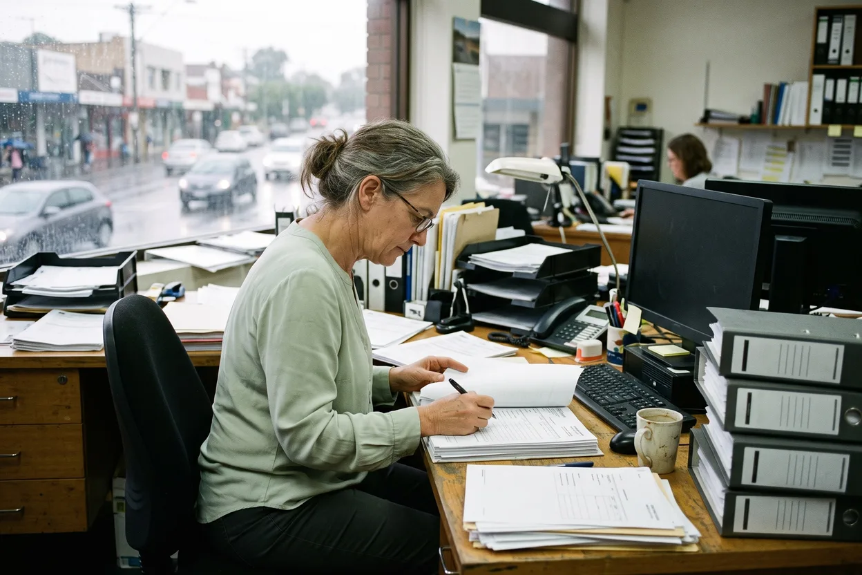 A procurement officer works through printed supplier approval forms at her desk in a council office, rain on the street outside