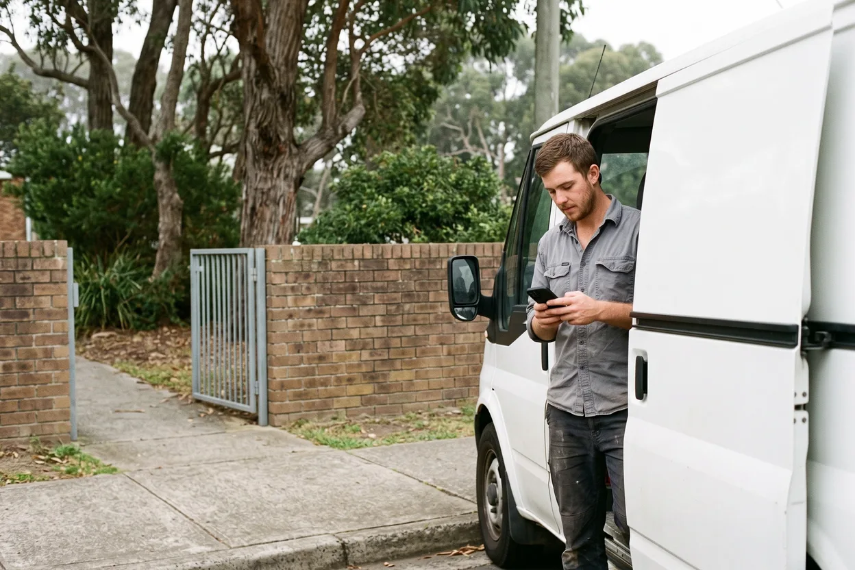 An electrician checks a message on his phone beside his van at the pedestrian gate of a suburban primary school