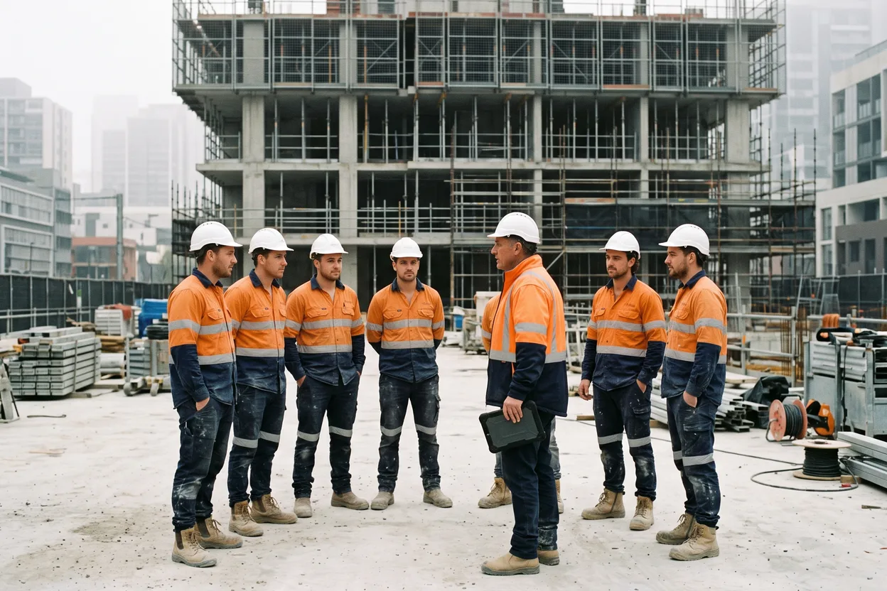A site foreman briefs a crew of six in a circle at the base of a half-built apartment building, a tablet in his hand