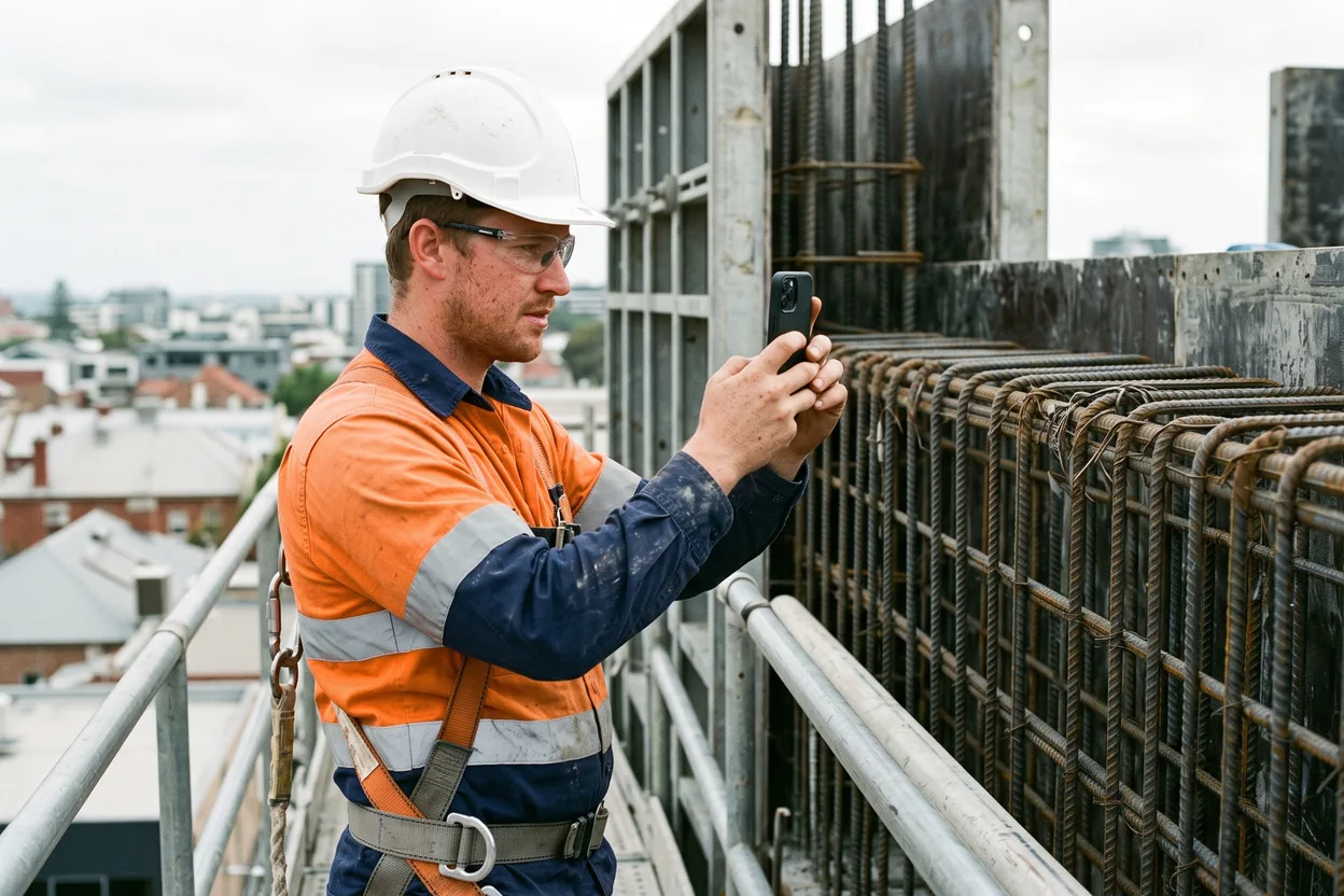 A site engineer on a scaffold lift photographs reinforcing bars with a phone