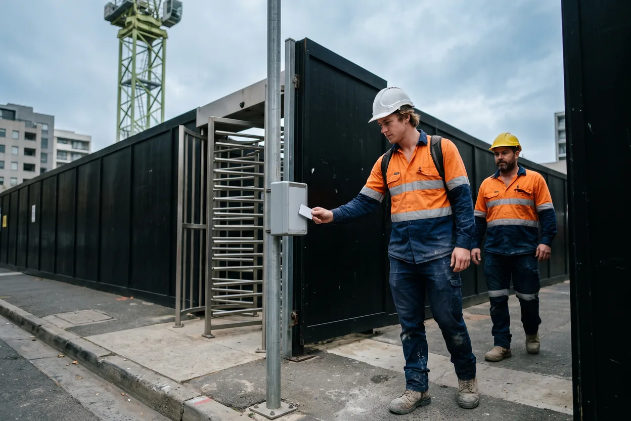 A worker in hi-vis taps a card on a reader beside a full-height turnstile in the hoarding of a city construction site