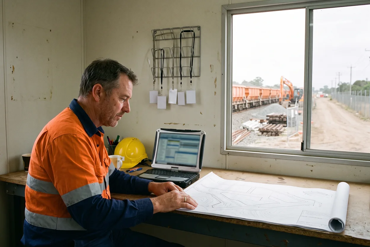 A site coordinator at a trestle desk in a site shed beside a rail corridor, a site plan rolled out and a rack of blank lanyard cards on the wall