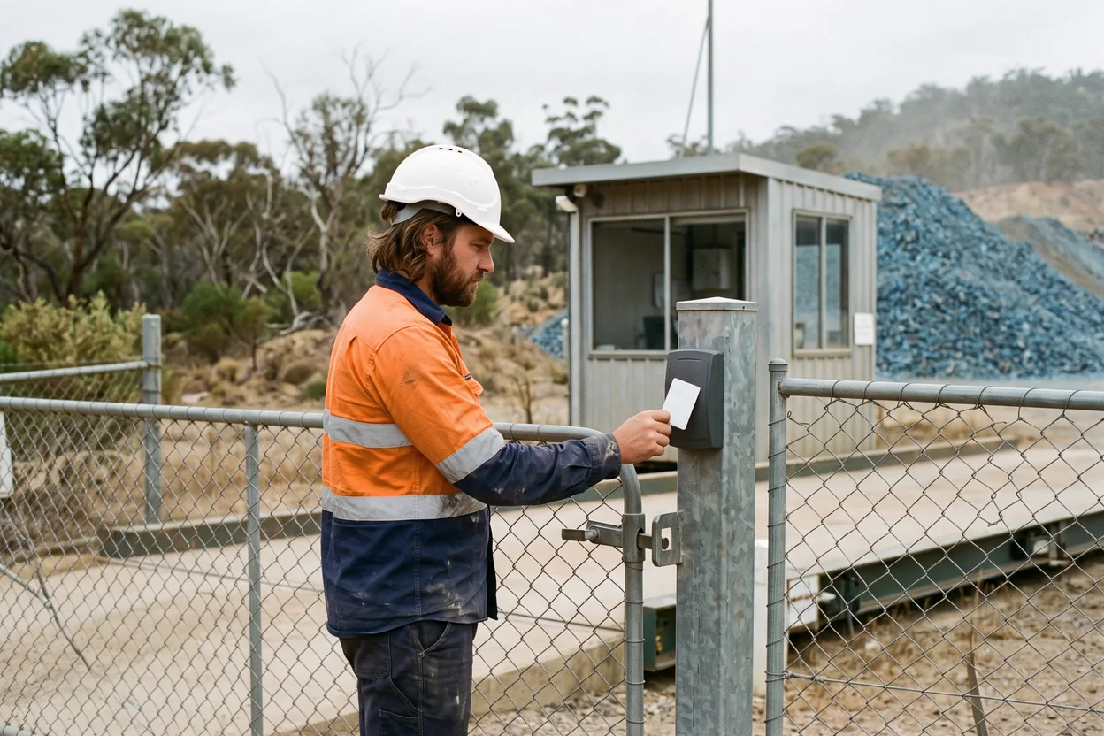 A worker in hi-vis holds an access card to a reader on a steel post beside a pedestrian gate at a quarry entrance