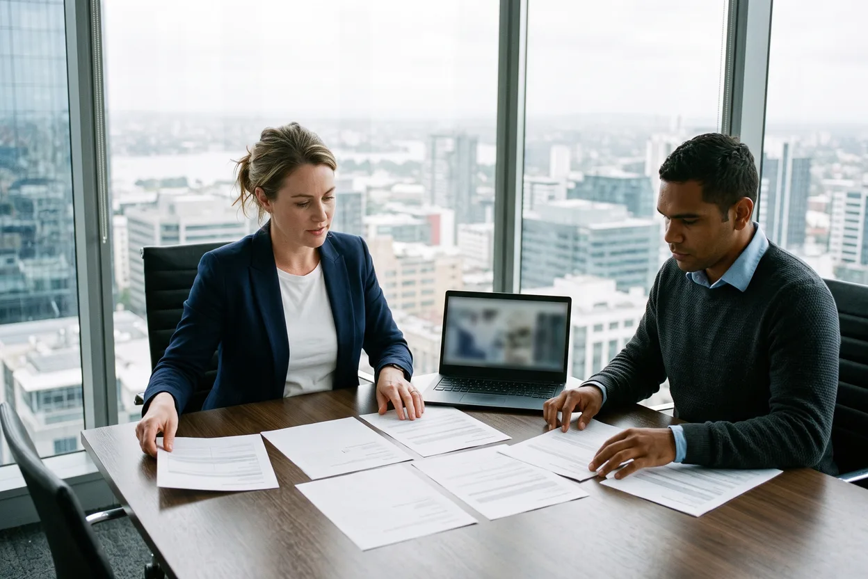 A procurement manager and a contracts colleague lay out printed prequalification forms across a head-office meeting-room table, a city skyline behind them