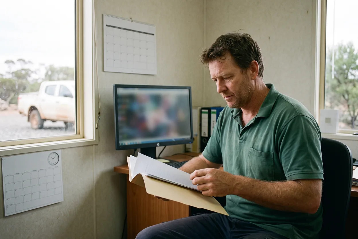 A contracts coordinator reads a folder of contractor certificates in a regional mining site office