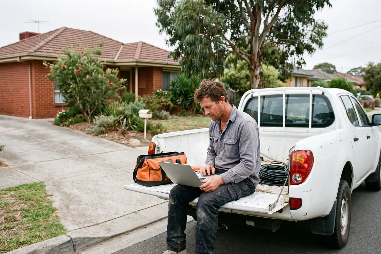 A sole-trader electrician sits on the tailgate of his work ute filling in an online form on a laptop