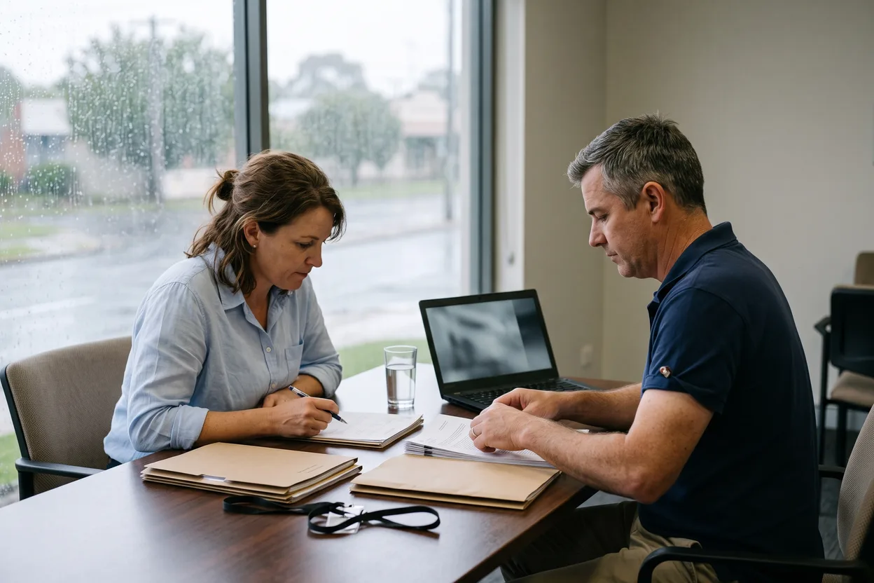 A safety consultant and a facilities manager go through contractor folders at a meeting-room table in a council building, rain on the window
