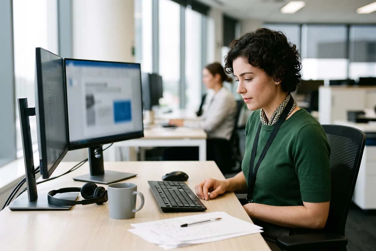 A woman at a hot desk in an open-plan office works through contractor paperwork across two monitors